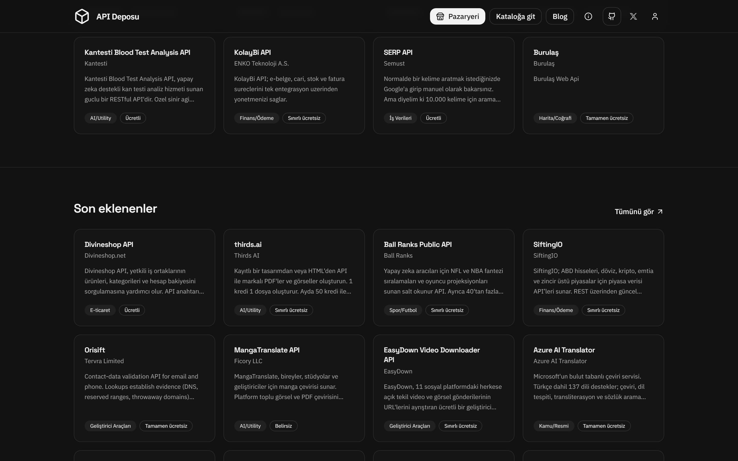 API cards and categories listed in the API Deposu catalogue