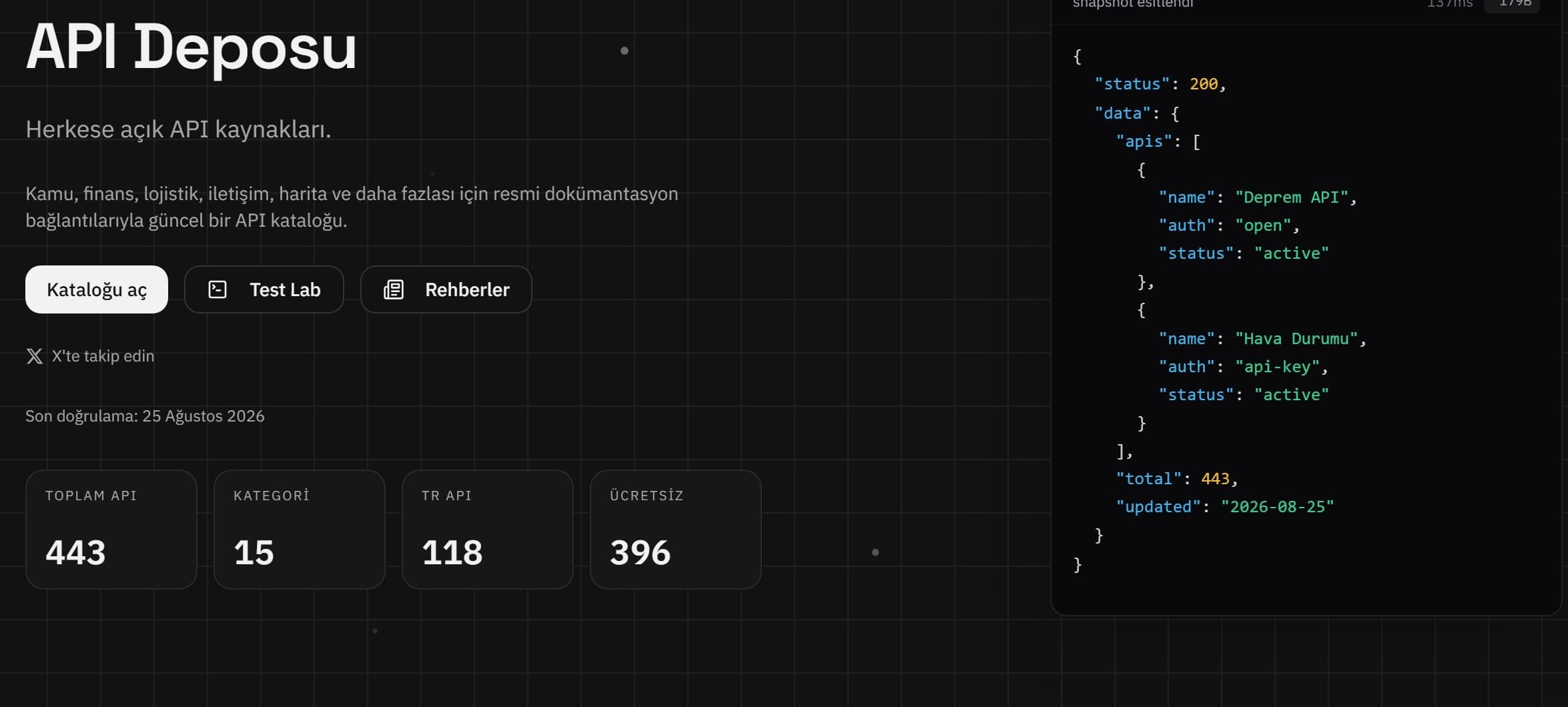 The API Deposu catalogue interface: catalogue statistics and a live API response