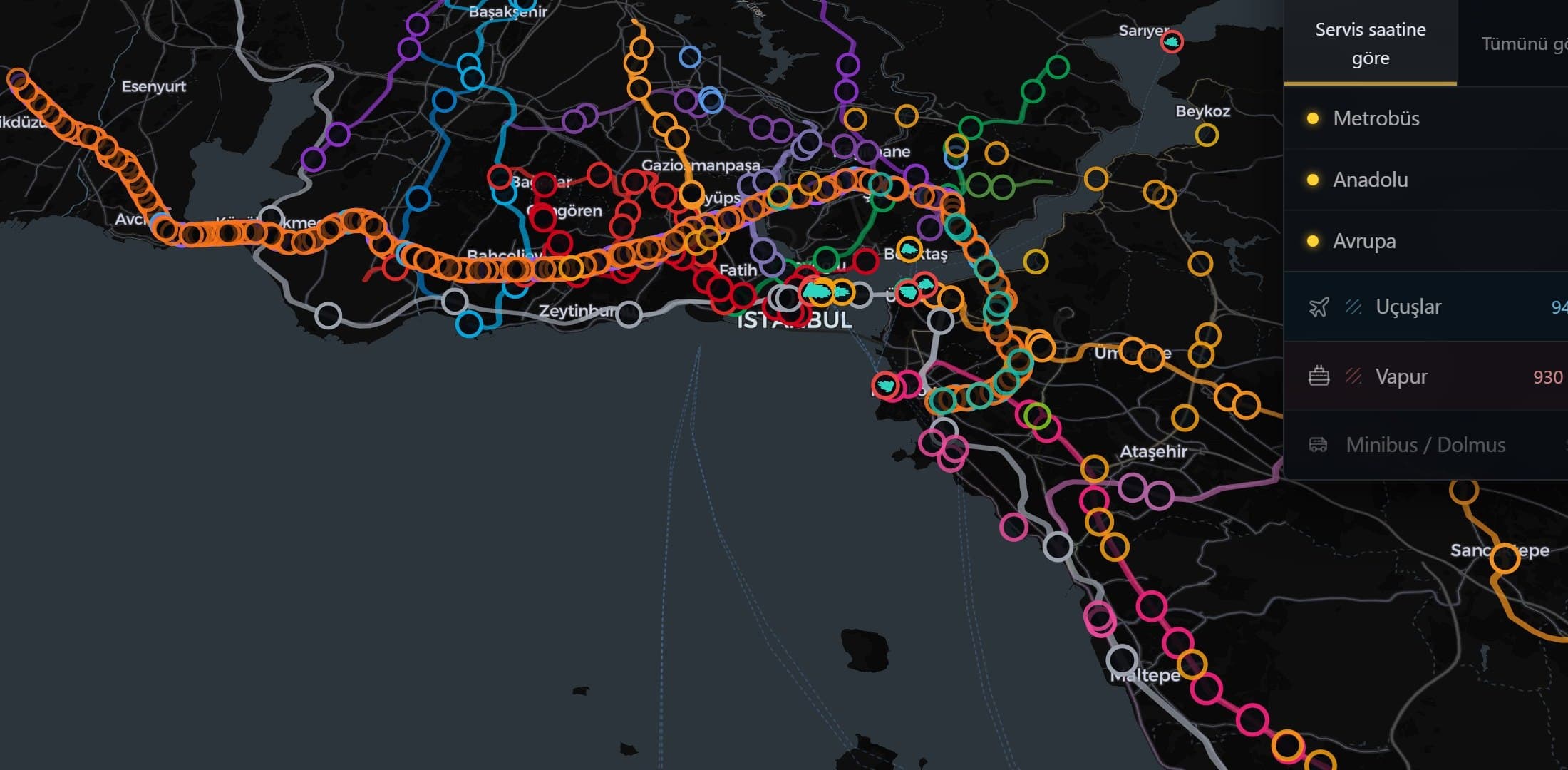The İstanbulaşım map: rail and bus lines with live vehicle positions